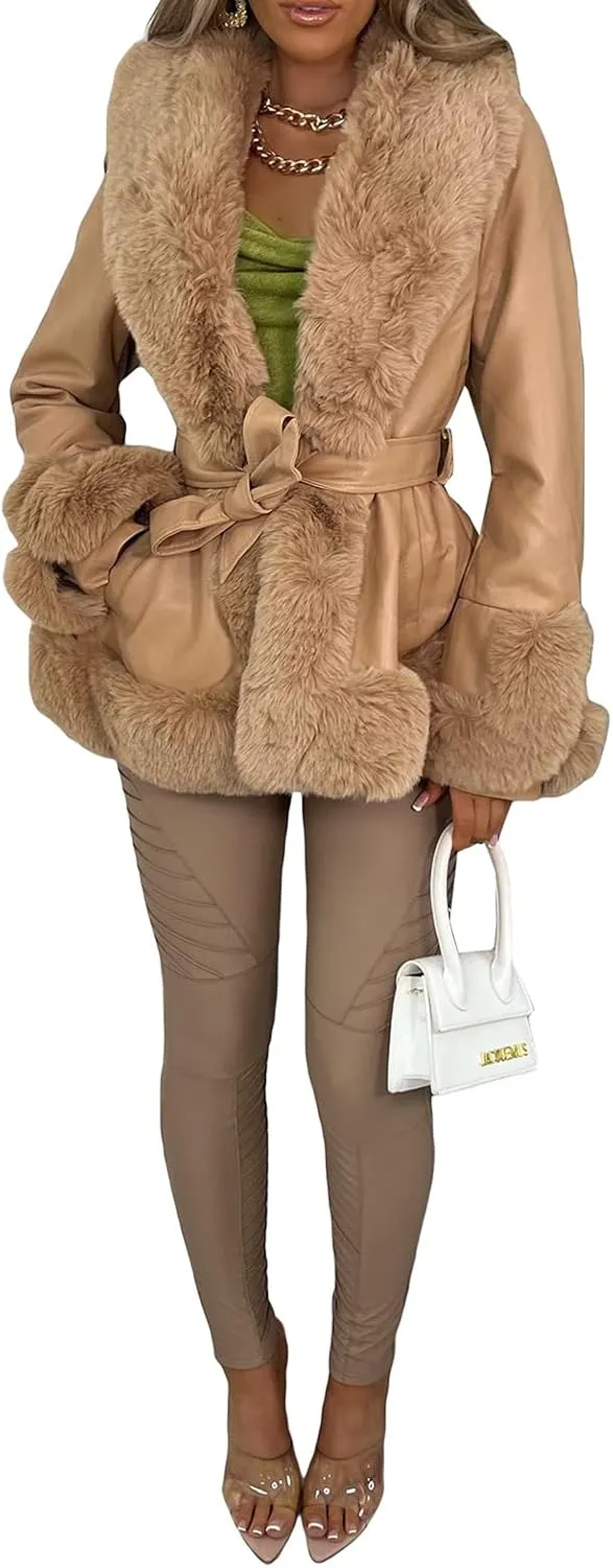 Mtsebmves Women's Faux Shearing Jacket Thick Lined Parka Winter Shearling Coat Leather Jacket Lapel Zipper Jackets