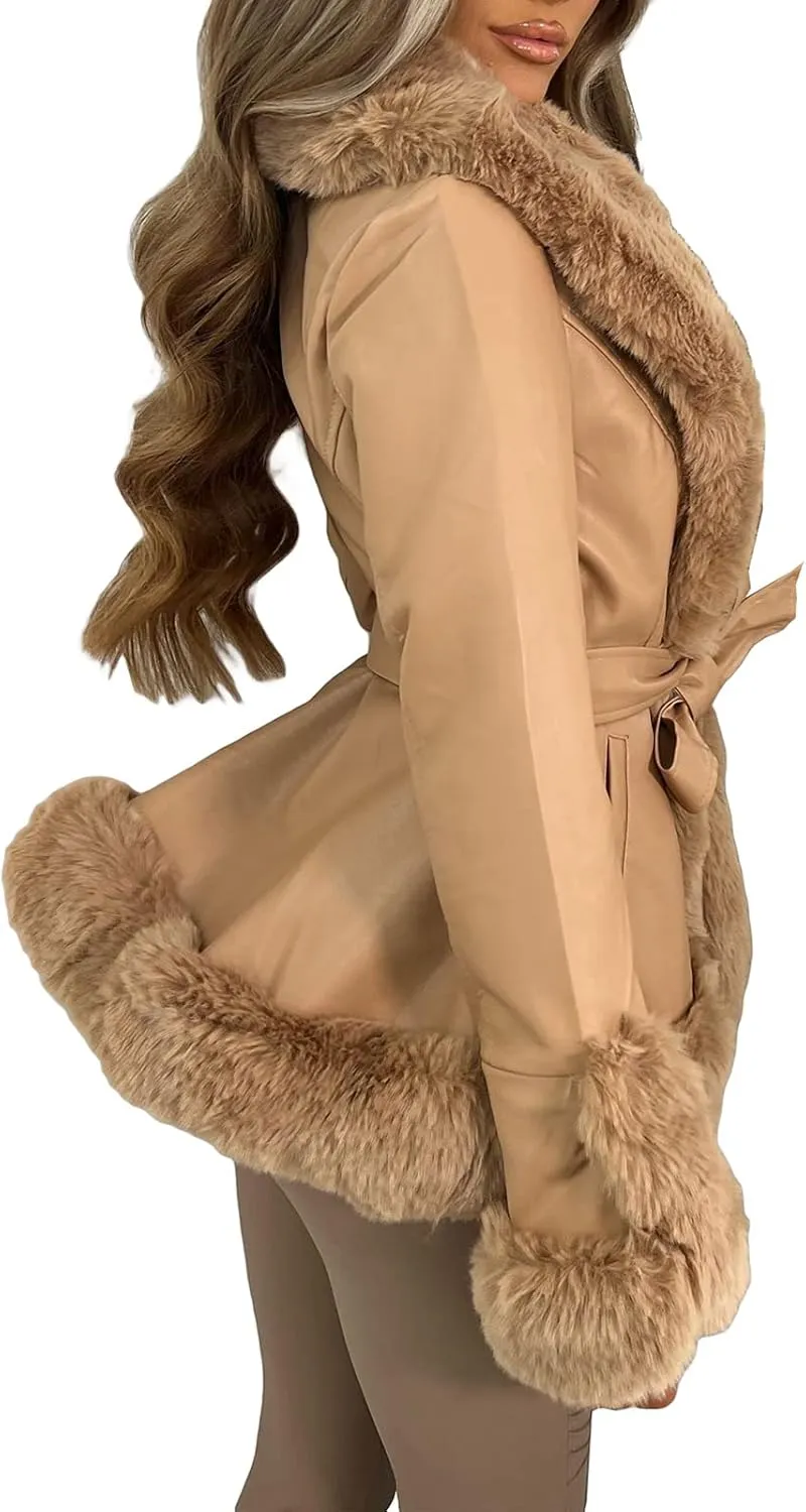 Mtsebmves Women's Faux Shearing Jacket Thick Lined Parka Winter Shearling Coat Leather Jacket Lapel Zipper Jackets