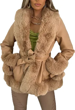 Mtsebmves Women's Faux Shearing Jacket Thick Lined Parka Winter Shearling Coat Leather Jacket Lapel Zipper Jackets