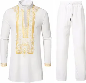 Muslim Clothes for Men 2 Piece Set Muslim Gown Shirt Set Graphic Casual Long Sleeve Kaftan Robe Henley Shirts & Pants