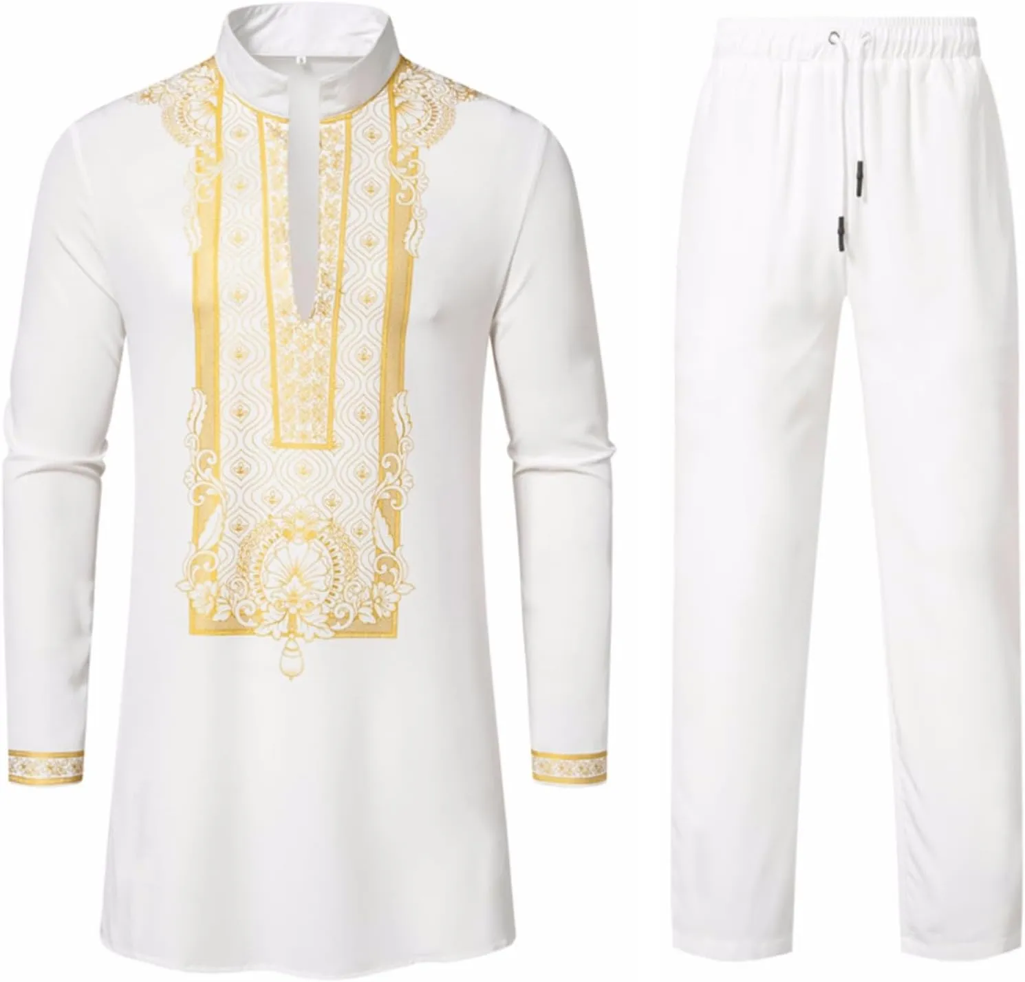 Muslim Clothes for Men 2 Piece Set Muslim Gown Shirt Set Graphic Casual Long Sleeve Kaftan Robe Henley Shirts & Pants