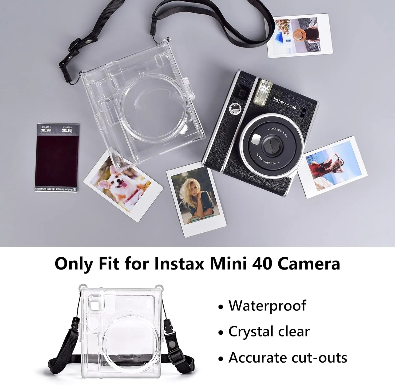 MUZIRI KINOKOO Clear Case for Fuji Instax Mini 40 - Crystal Hard PVC with Shoulder Strap