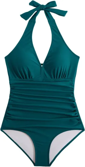 MZEAZRK One Piece Swimsuit Women Halter Backless Tummy Control Swimwear Vintage High Waisted Bathing Suit