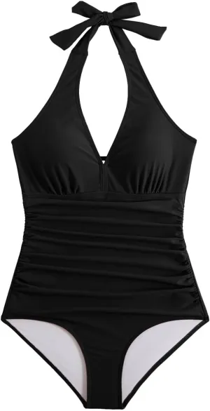 MZEAZRK One Piece Swimsuit Women Halter Backless Tummy Control Swimwear Vintage High Waisted Bathing Suit