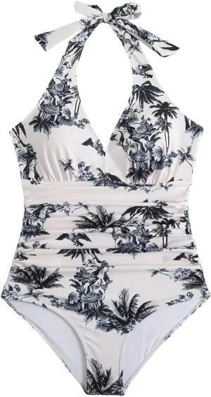 MZEAZRK One Piece Swimsuit Women Halter Backless Tummy Control Swimwear Vintage High Waisted Bathing Suit