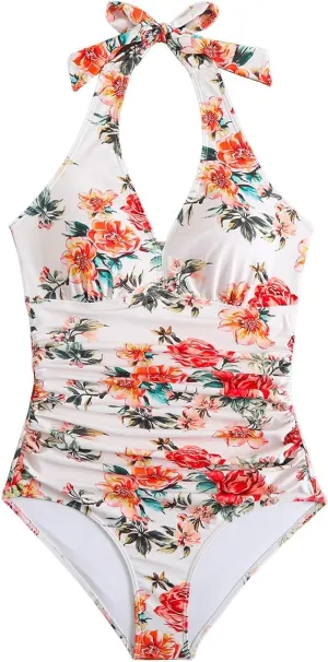 MZEAZRK One Piece Swimsuit Women Halter Backless Tummy Control Swimwear Vintage High Waisted Bathing Suit