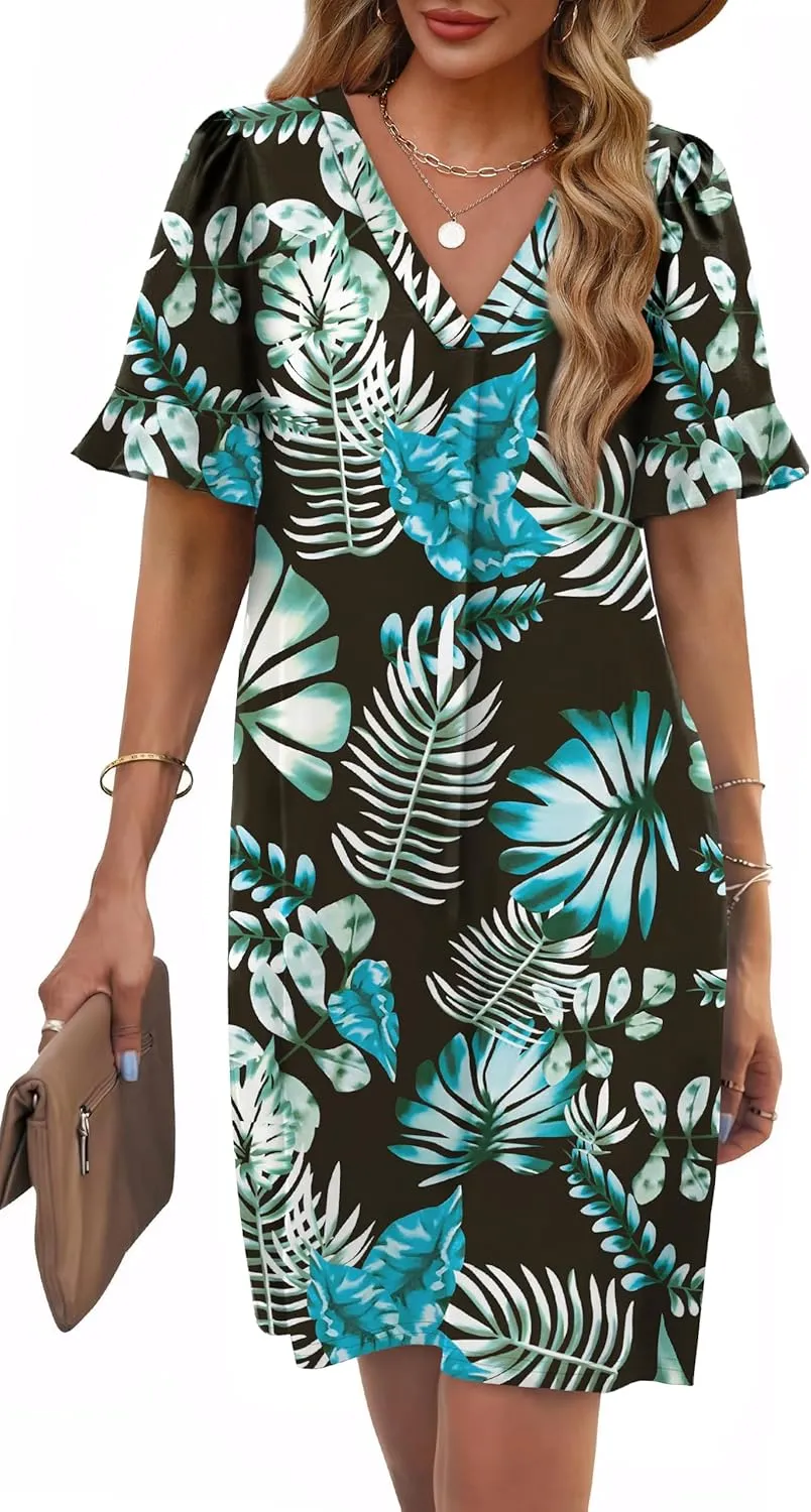 OFEEFAN Summer Dresses for Women Ruffle Short Sleeve V Neck Casual Shift Dress with Pockets