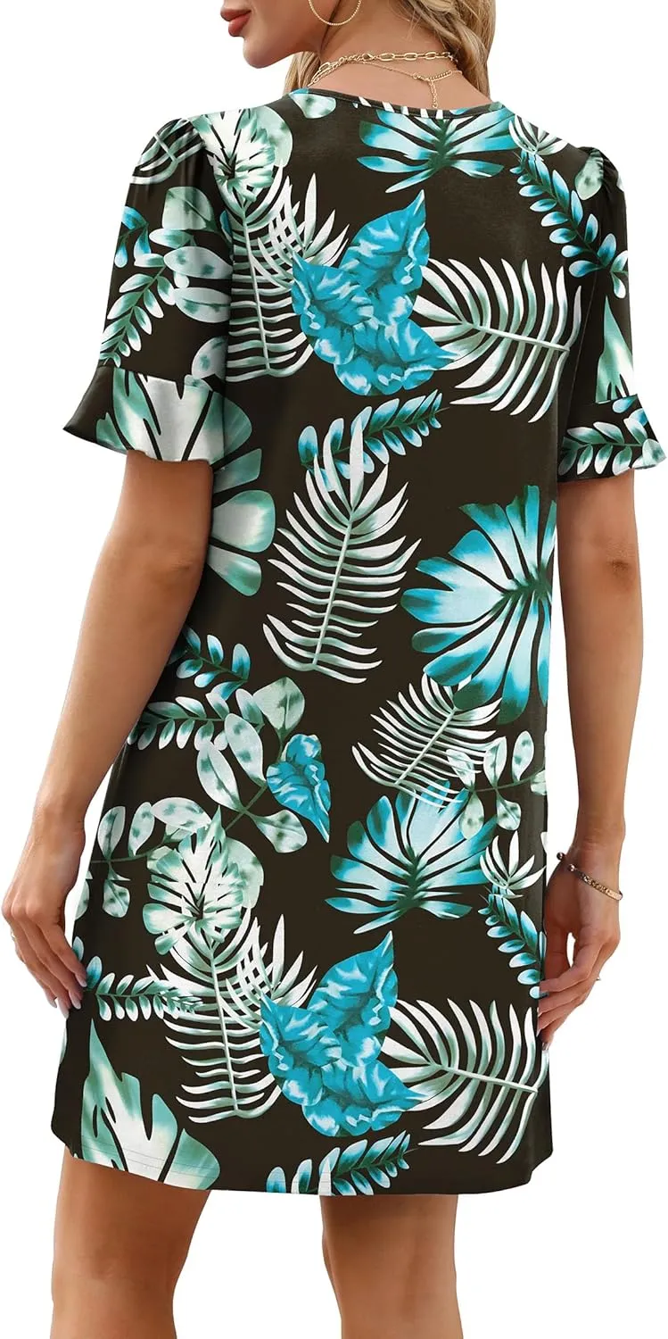 OFEEFAN Summer Dresses for Women Ruffle Short Sleeve V Neck Casual Shift Dress with Pockets