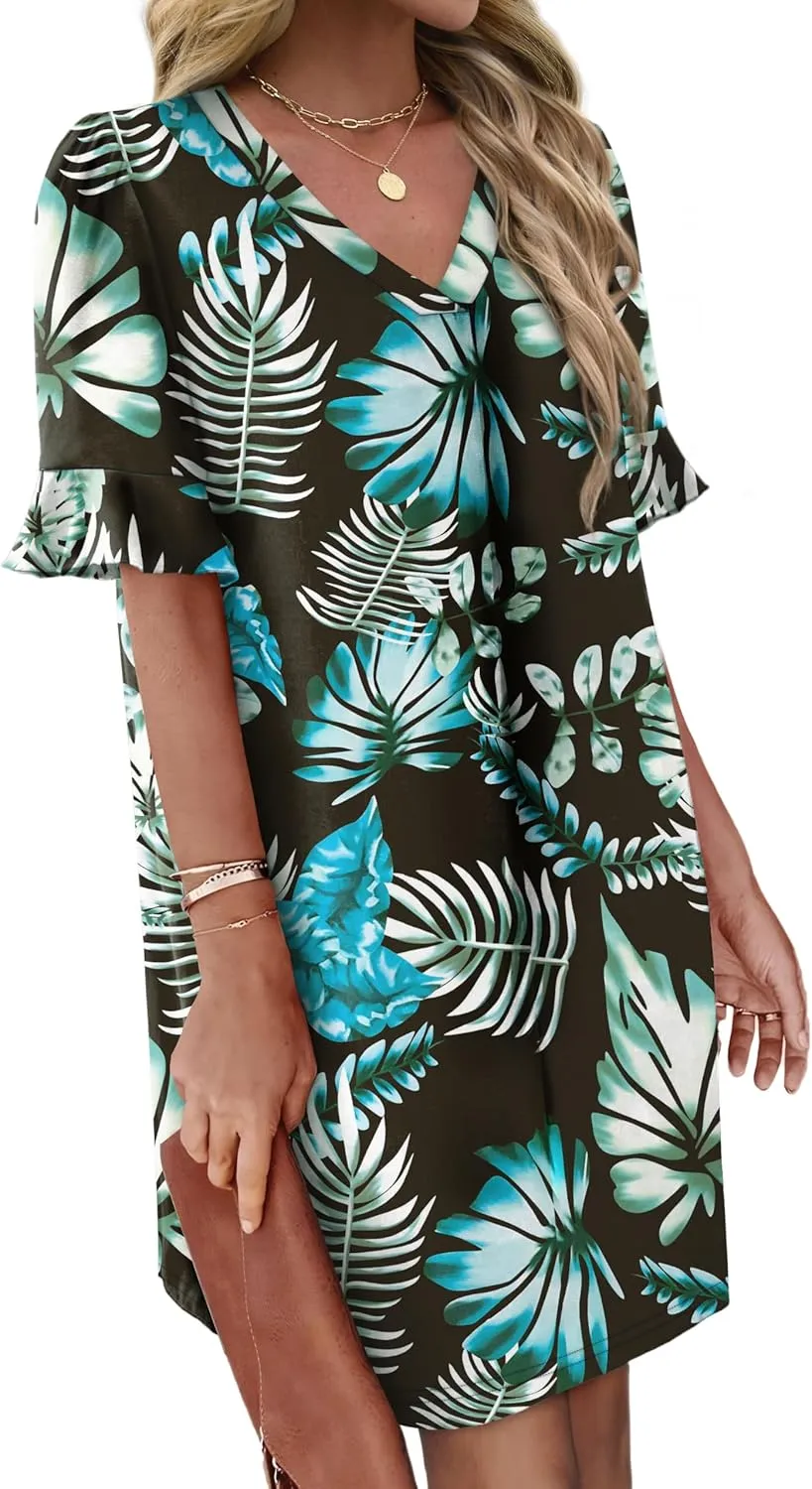 OFEEFAN Summer Dresses for Women Ruffle Short Sleeve V Neck Casual Shift Dress with Pockets