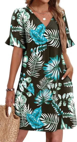 OFEEFAN Summer Dresses for Women Ruffle Short Sleeve V Neck Casual Shift Dress with Pockets