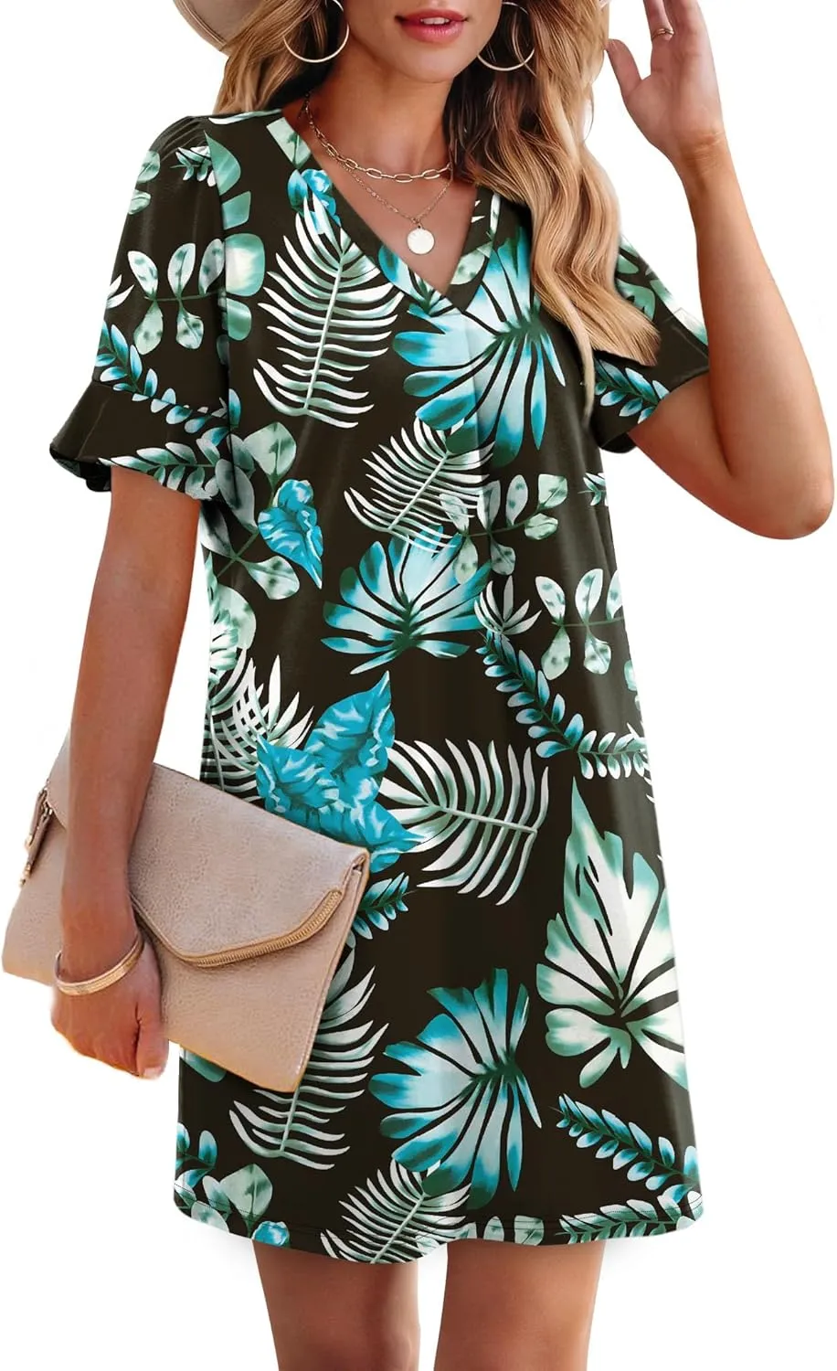 OFEEFAN Summer Dresses for Women Ruffle Short Sleeve V Neck Casual Shift Dress with Pockets