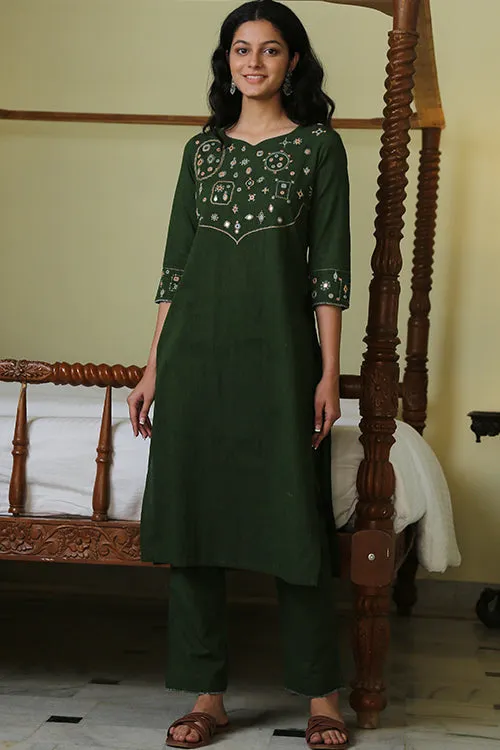Okhai 'Eucalyptus Garden' Pure Cotton Hand Embroidered Mirror Work Kurta Pant Set