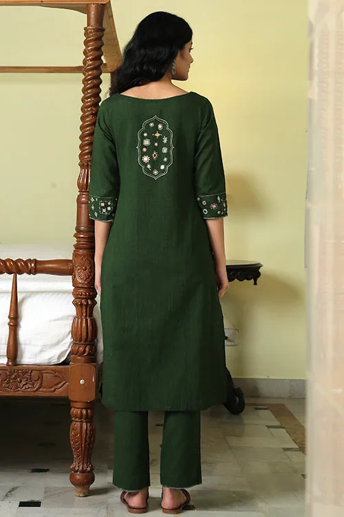 Okhai 'Eucalyptus Garden' Pure Cotton Hand Embroidered Mirror Work Kurta Pant Set