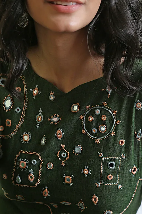 Okhai 'Eucalyptus Garden' Pure Cotton Hand Embroidered Mirror Work Kurta Pant Set