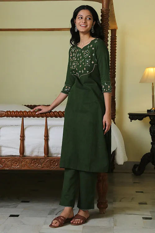 Okhai 'Eucalyptus Garden' Pure Cotton Hand Embroidered Mirror Work Kurta Pant Set