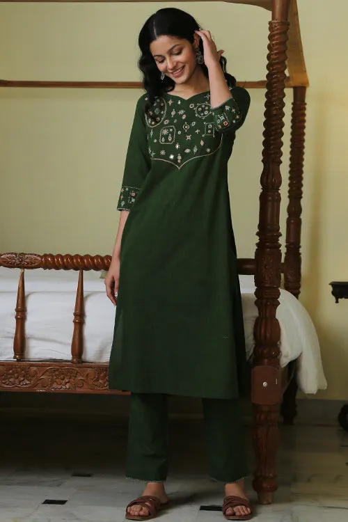 Okhai 'Eucalyptus Garden' Pure Cotton Hand Embroidered Mirror Work Kurta Pant Set