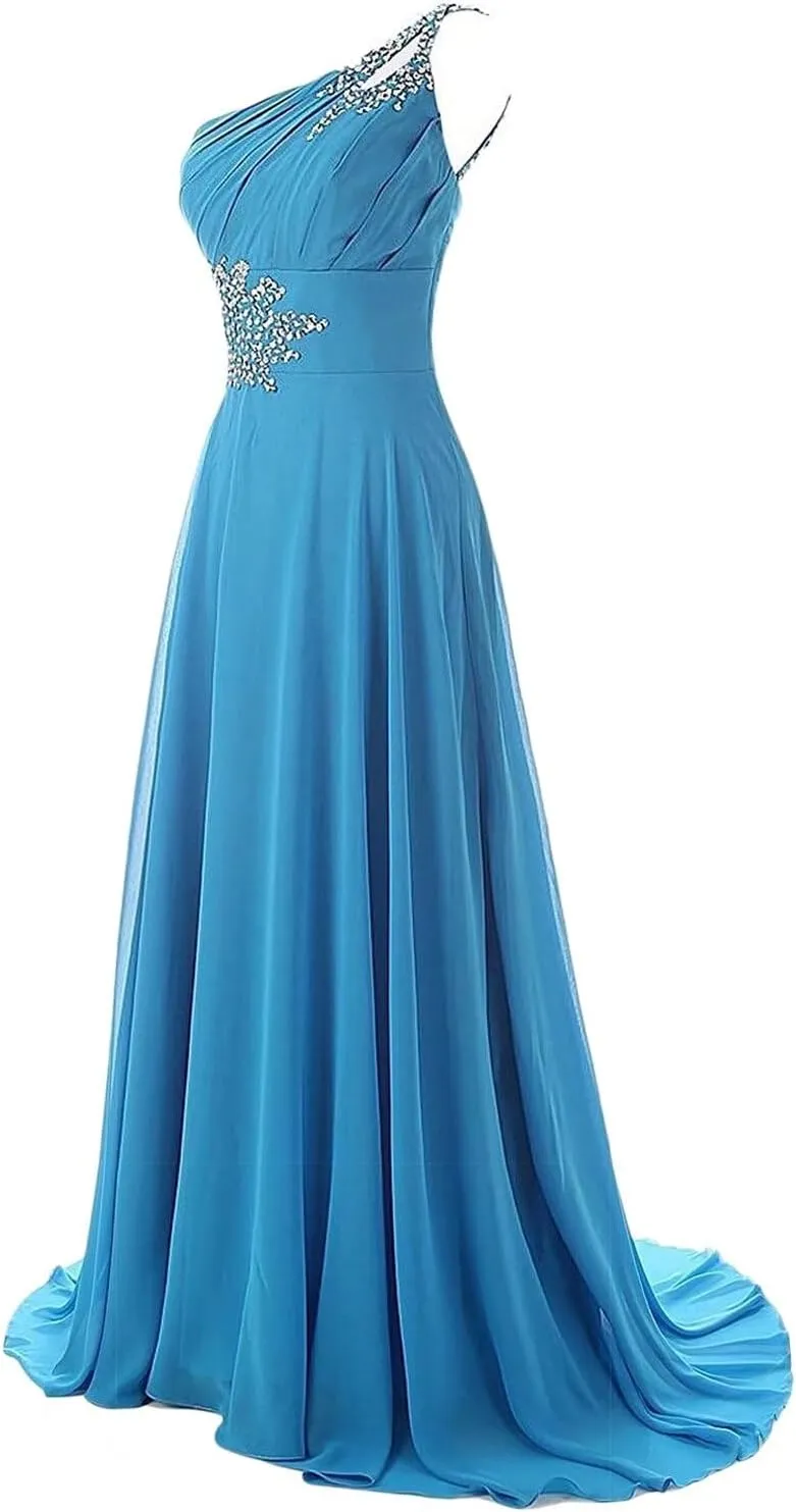 One Shoulder Gradient Color Chiffon Formal Evening Dress Ombre Long Party Gown