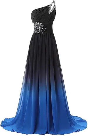 One Shoulder Gradient Color Chiffon Formal Evening Dress Ombre Long Party Gown