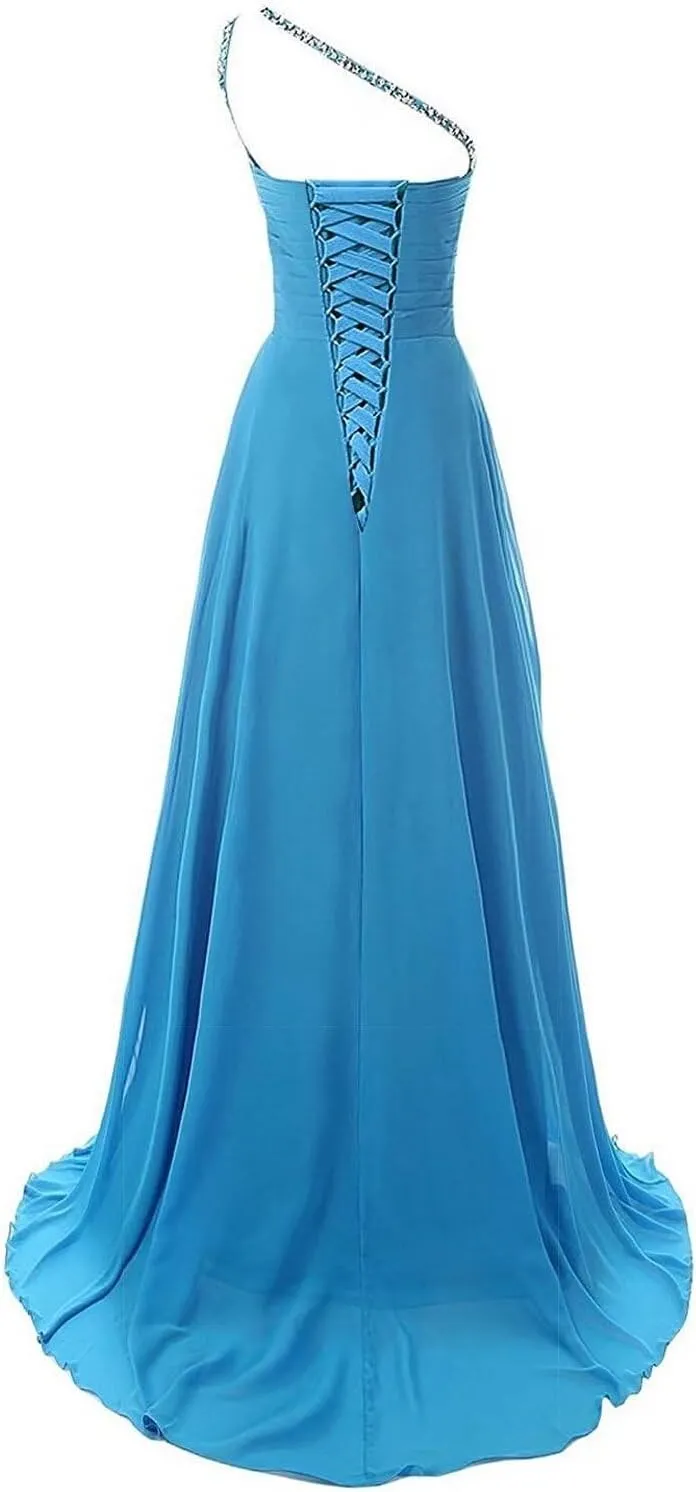 One Shoulder Gradient Color Chiffon Formal Evening Dress Ombre Long Party Gown