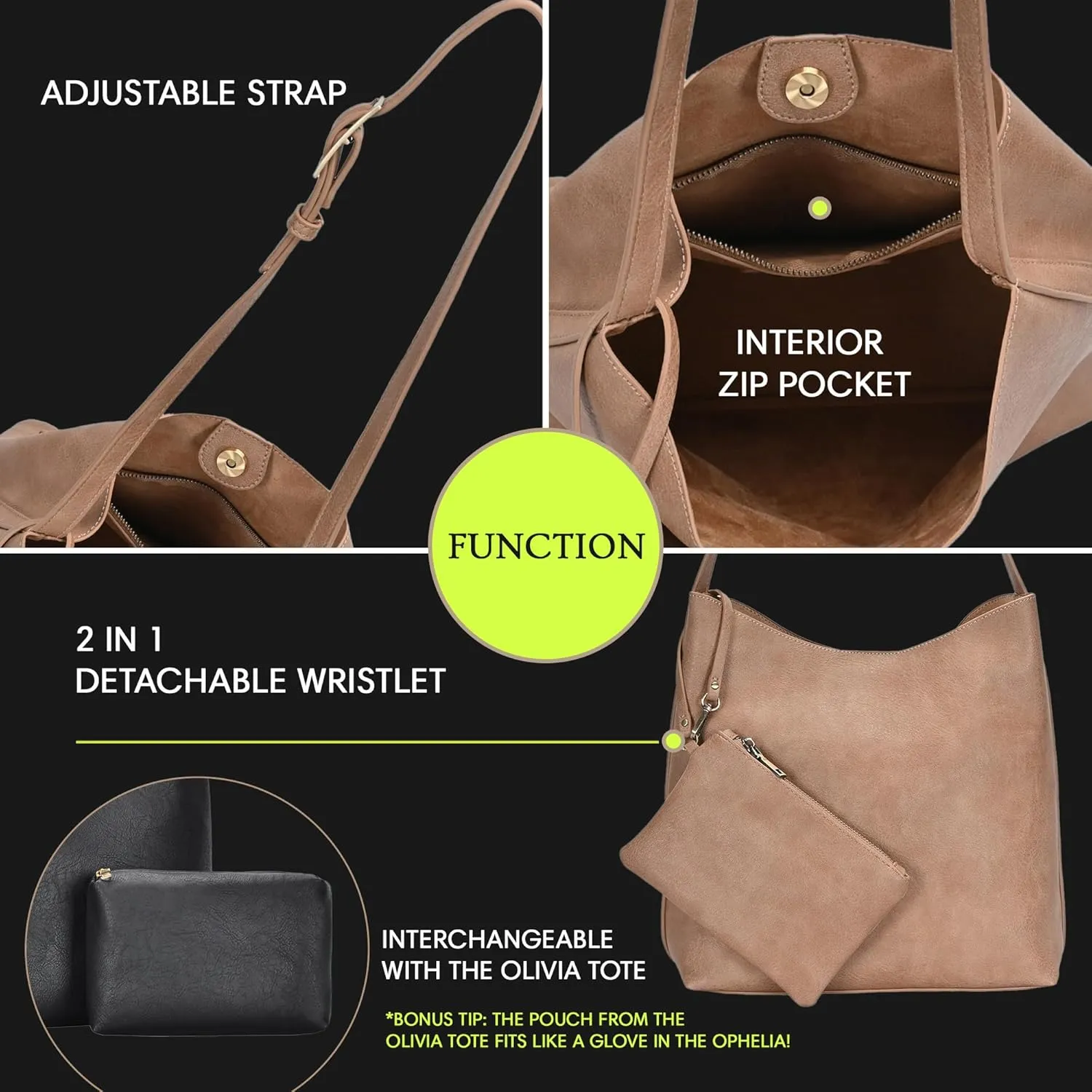 Ophelia Hobo | Shoulder Bag for Women with Detachable Wristlet | Soft Distressed Vegan Leather