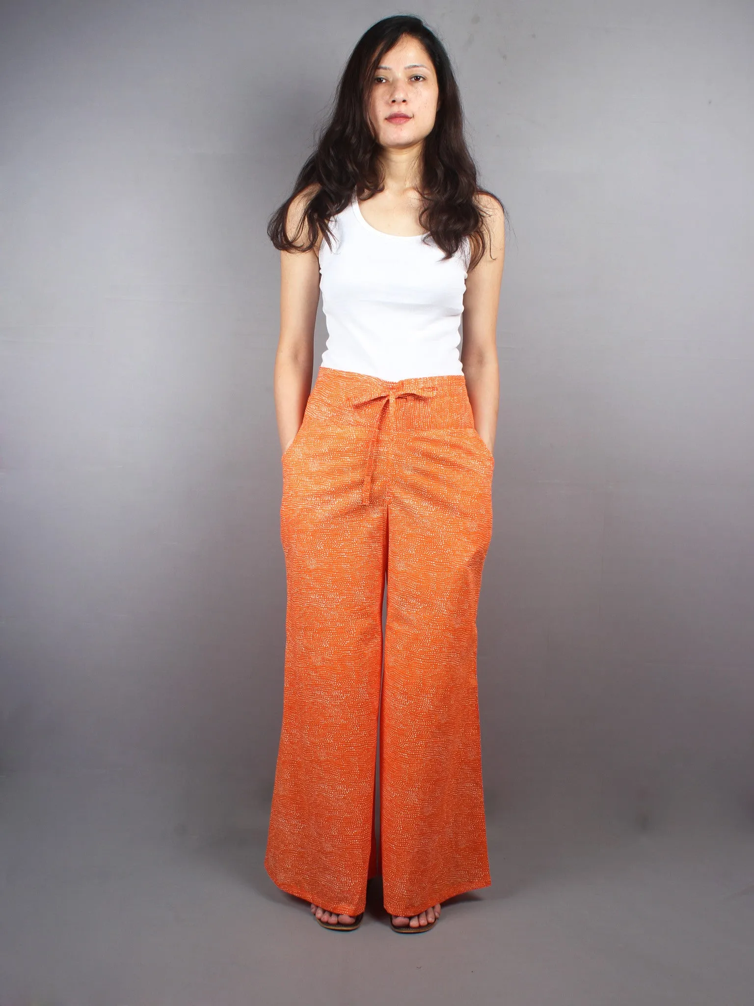 Orange White Hand Block Printed Tie-Up Waist Straight Cotton Palazzo - P1117031