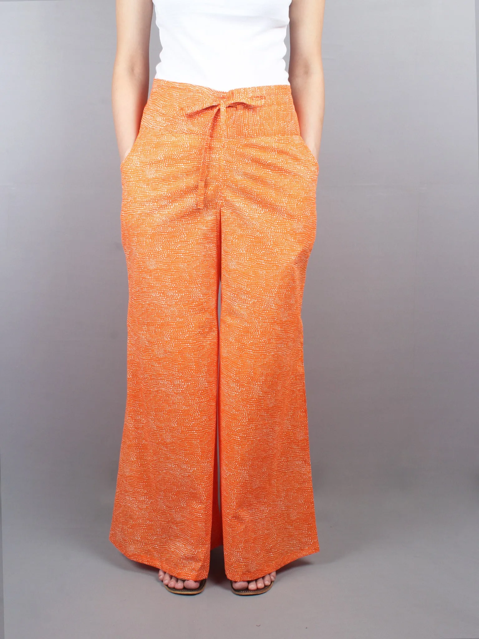 Orange White Hand Block Printed Tie-Up Waist Straight Cotton Palazzo - P1117031