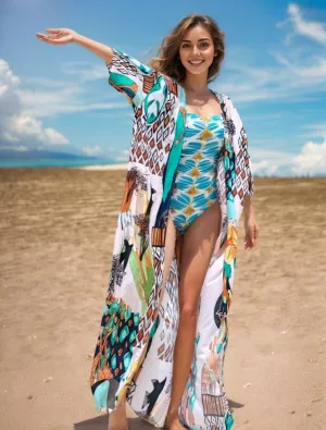 Over Sized Kimonos Women's Geometry Print Rayon Kimonos for Summer Loose Open Front Soft Long Bird
