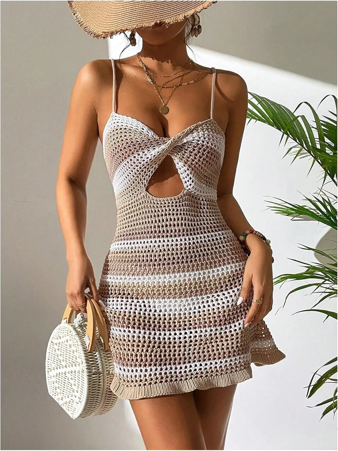 OYOANGLE Women's Crochet Cover Ups Cut Out Lace Up Beach Dress Sleeveless Summer Sundress Coverups