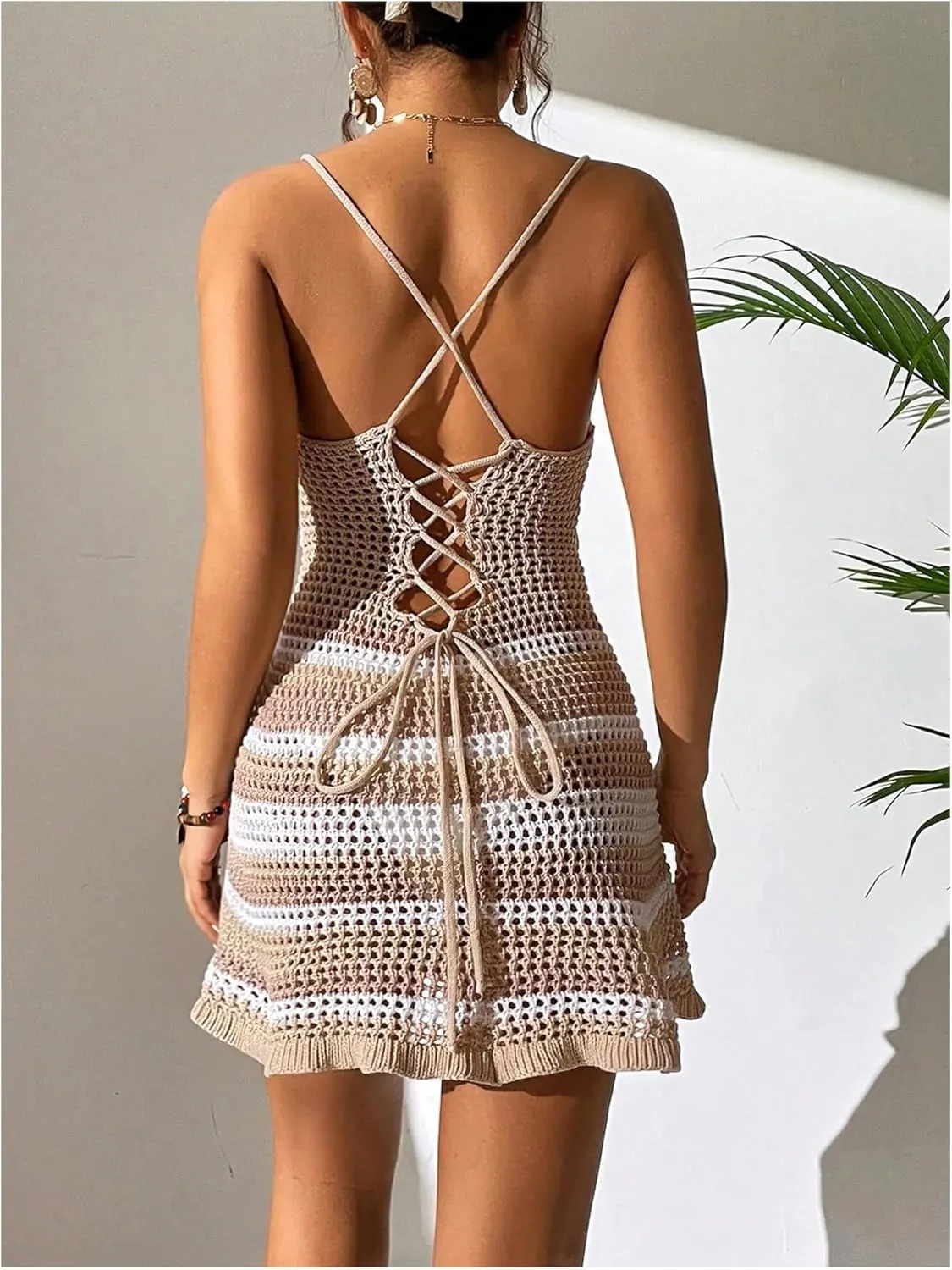 OYOANGLE Women's Crochet Cover Ups Cut Out Lace Up Beach Dress Sleeveless Summer Sundress Coverups