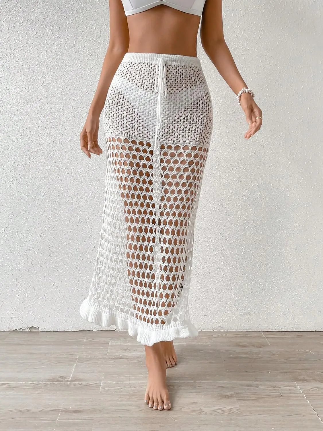 OYOANGLE Women's Crochet Hollow Out Ruffle Trim Drawstring Waist Maxi Beach Skirts Swimsuit Cover Ups
