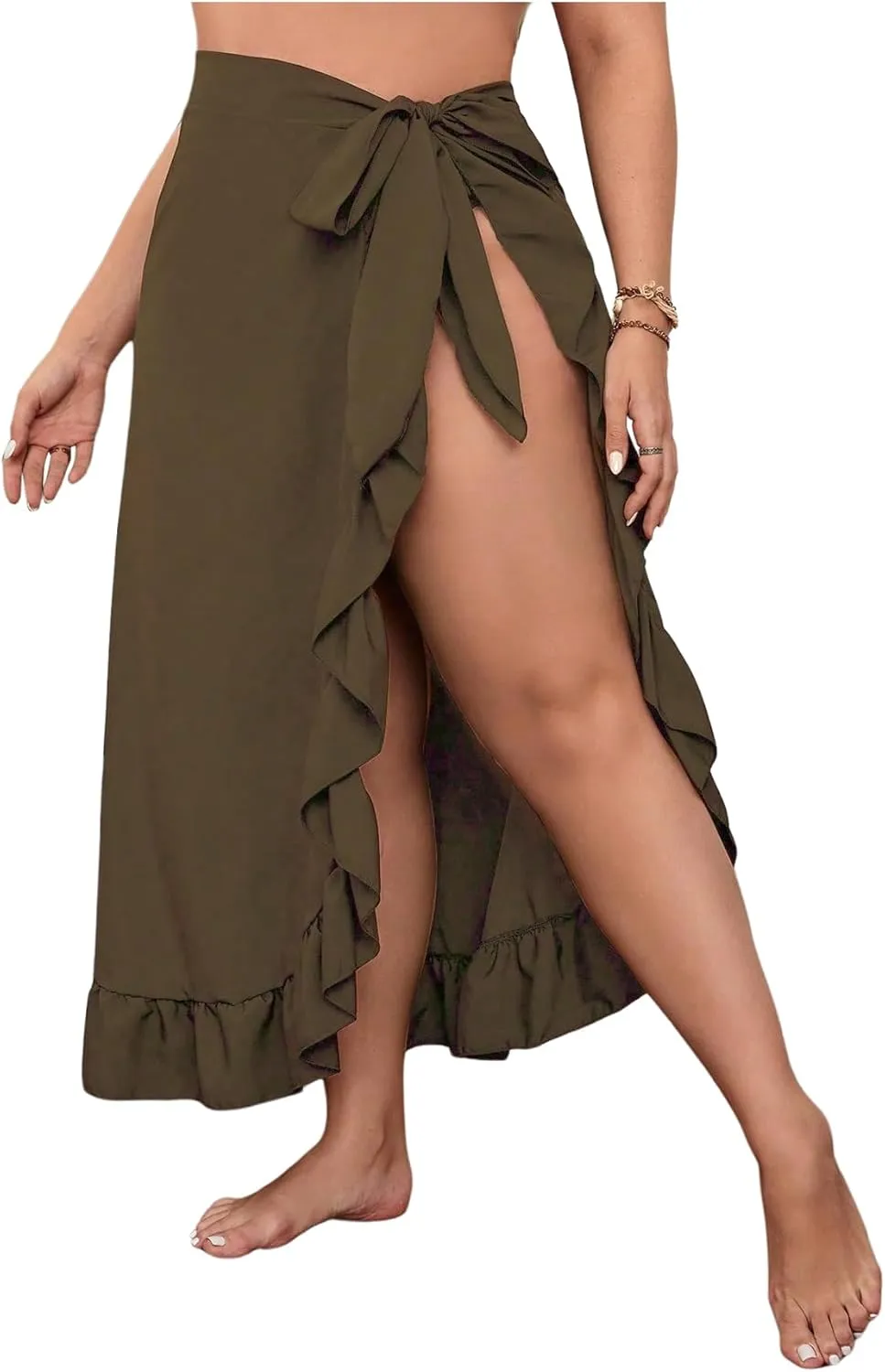OYOANGLE Women's Plus Size Beach Sarong Swimsuit Cover Ups Ruffle Hem Knot Side Wrap Long Maxi Skirts