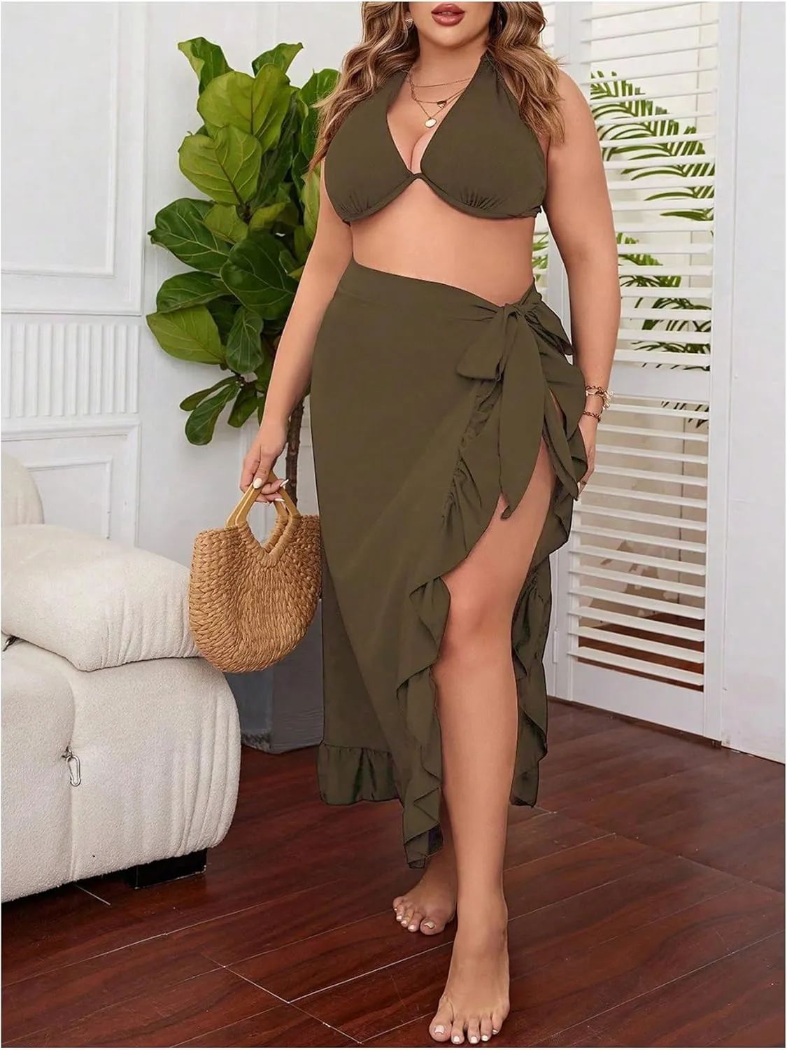 OYOANGLE Women's Plus Size Beach Sarong Swimsuit Cover Ups Ruffle Hem Knot Side Wrap Long Maxi Skirts