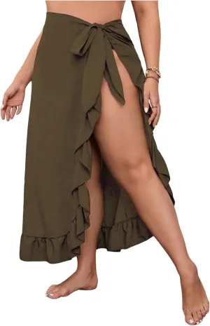 OYOANGLE Women's Plus Size Beach Sarong Swimsuit Cover Ups Ruffle Hem Knot Side Wrap Long Maxi Skirts