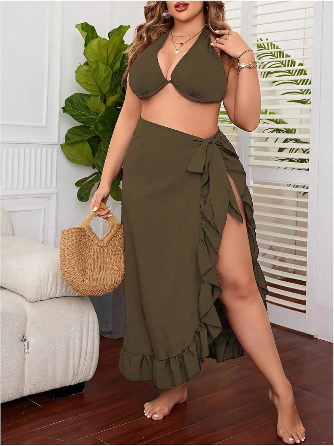 OYOANGLE Women's Plus Size Beach Sarong Swimsuit Cover Ups Ruffle Hem Knot Side Wrap Long Maxi Skirts