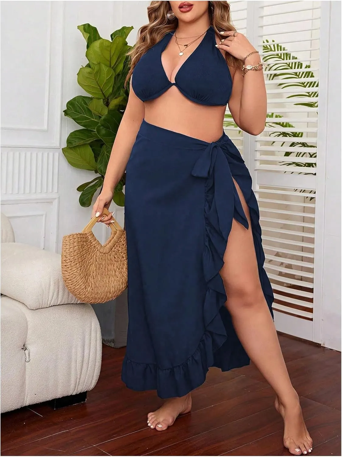 OYOANGLE Women's Plus Size Beach Sarong Swimsuit Cover Ups Ruffle Hem Knot Side Wrap Long Maxi Skirts