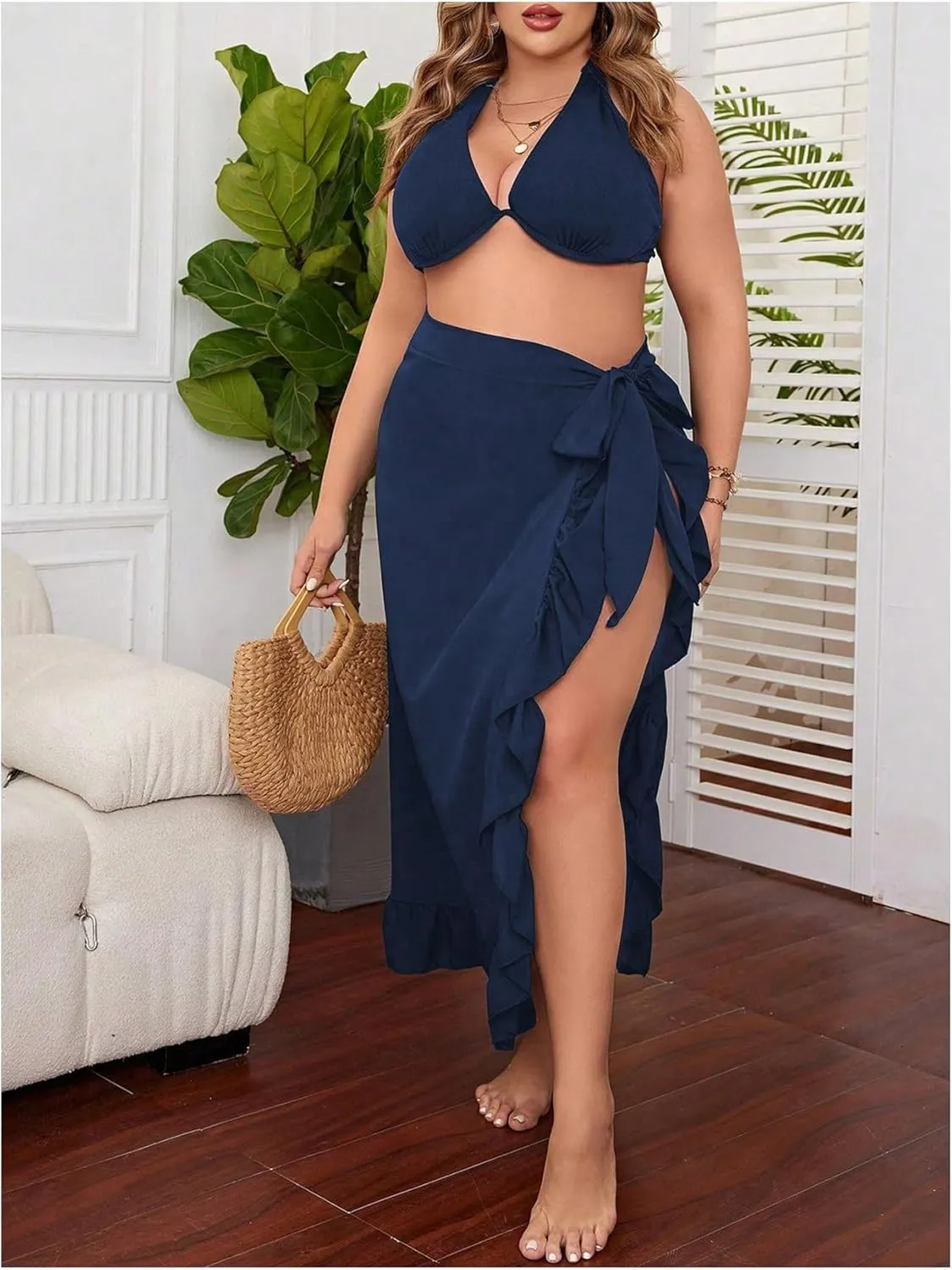 OYOANGLE Women's Plus Size Beach Sarong Swimsuit Cover Ups Ruffle Hem Knot Side Wrap Long Maxi Skirts