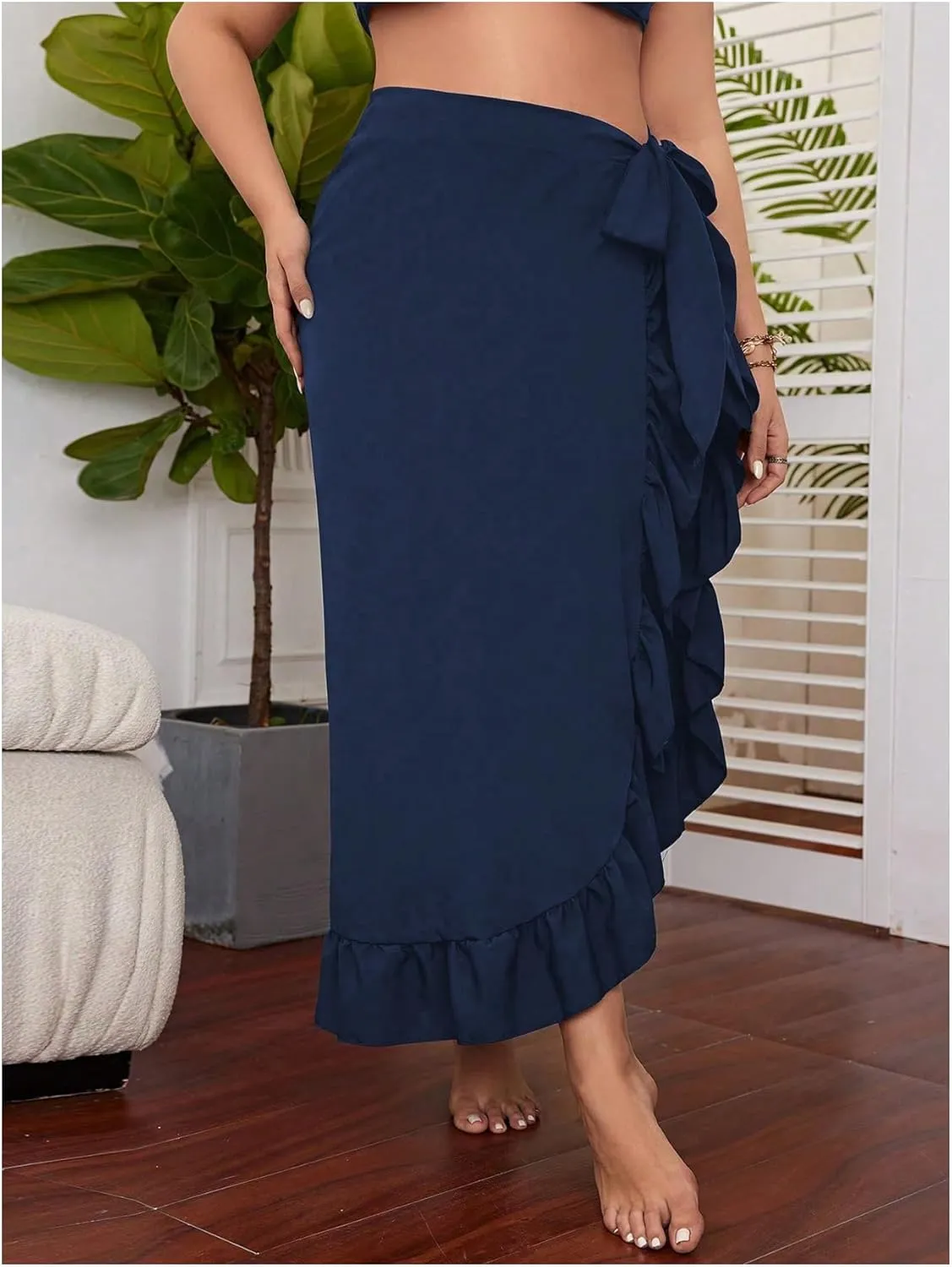 OYOANGLE Women's Plus Size Beach Sarong Swimsuit Cover Ups Ruffle Hem Knot Side Wrap Long Maxi Skirts