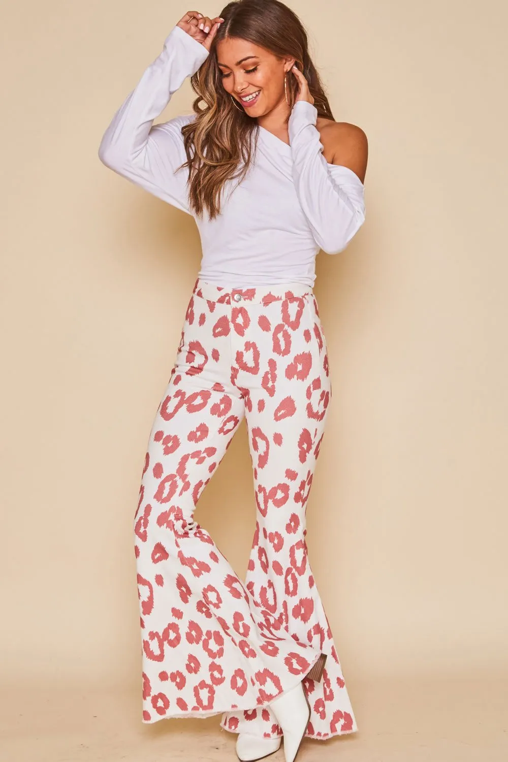 Peach Love Dee Bell Bottom Pants In Crimson Animal Print