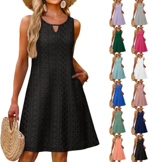 PETYCZEN Beach Dresses for Women 2025 Summer Keyhole Neck Eyelet Dress with Pockets Casual Vacation Tank Dress Beach Cover Up