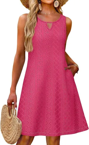PETYCZEN Beach Dresses for Women 2025 Summer Keyhole Neck Eyelet Dress with Pockets Casual Vacation Tank Dress Beach Cover Up