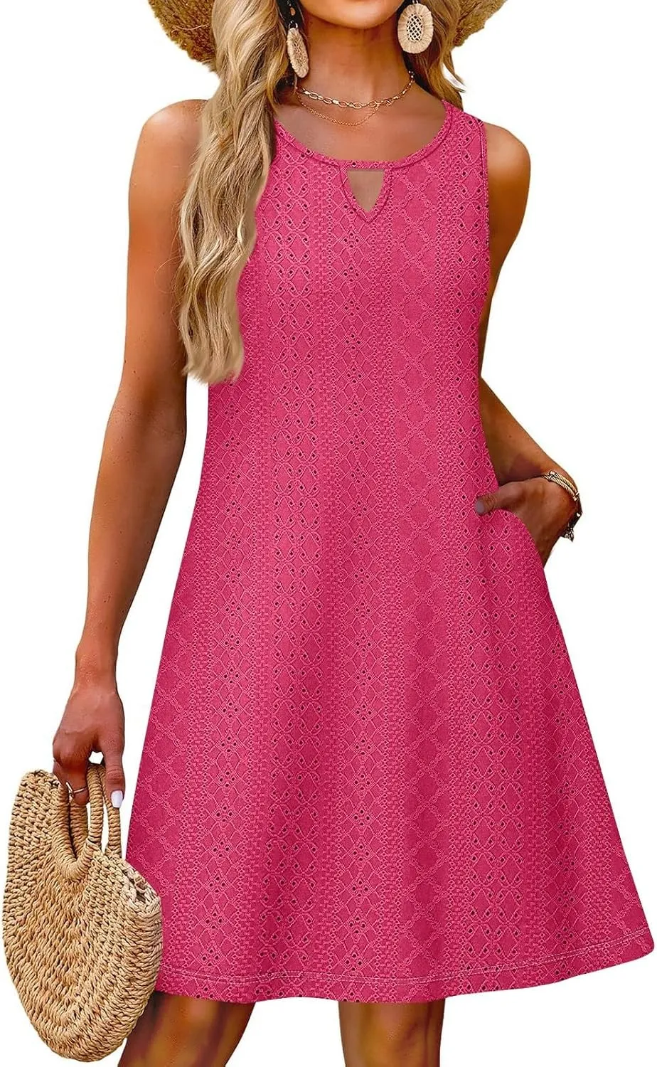 PETYCZEN Beach Dresses for Women 2025 Summer Keyhole Neck Eyelet Dress with Pockets Casual Vacation Tank Dress Beach Cover Up