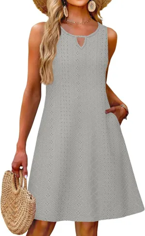 PETYCZEN Beach Dresses for Women 2025 Summer Keyhole Neck Eyelet Dress with Pockets Casual Vacation Tank Dress Beach Cover Up
