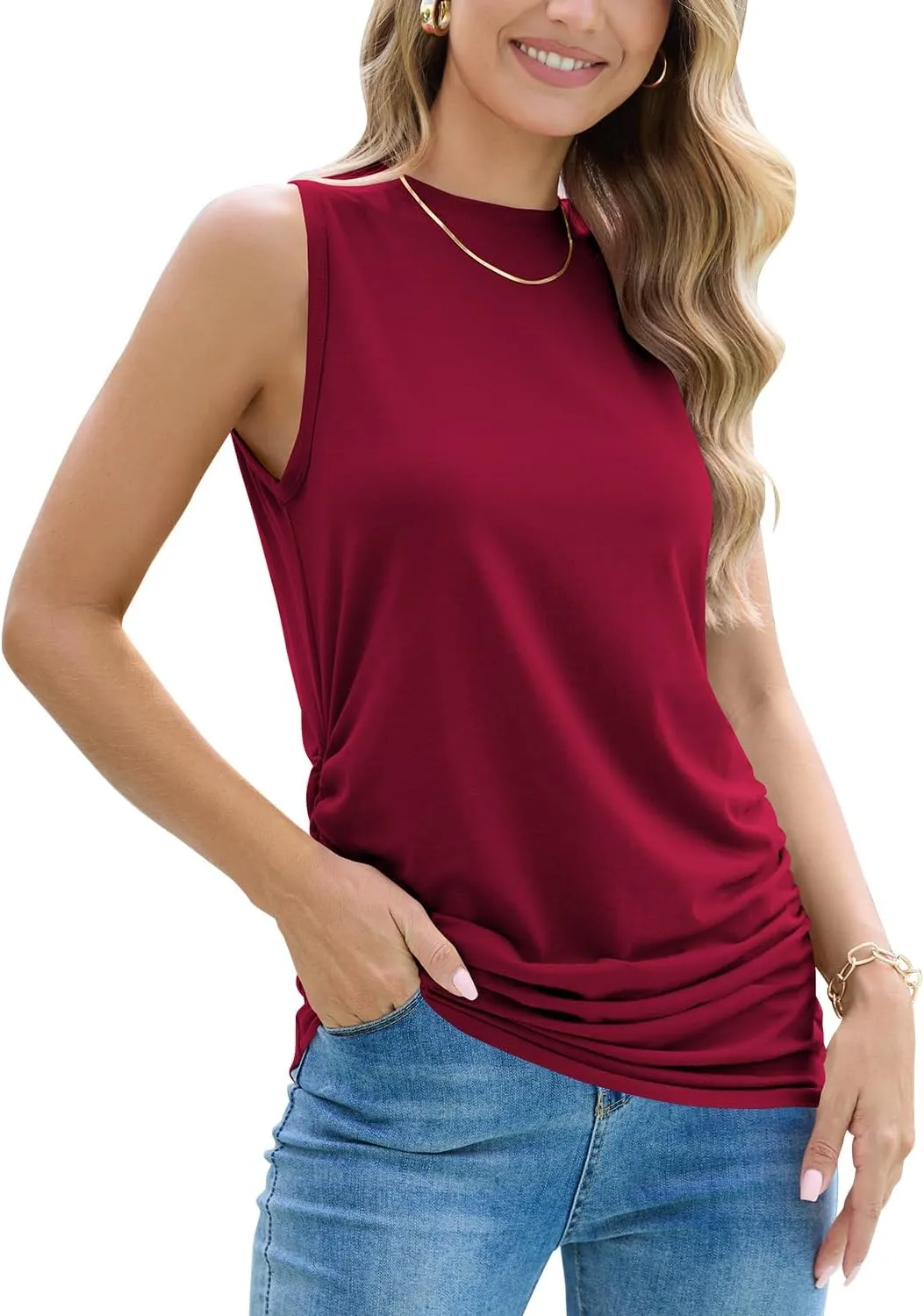 Pima Cotton Ruched Tank Top for Women Crewneck Sleeveless Summer Camisole Dressy Tunic