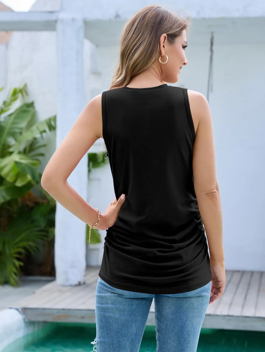 Pima Cotton Ruched Tank Top for Women Crewneck Sleeveless Summer Camisole Dressy Tunic