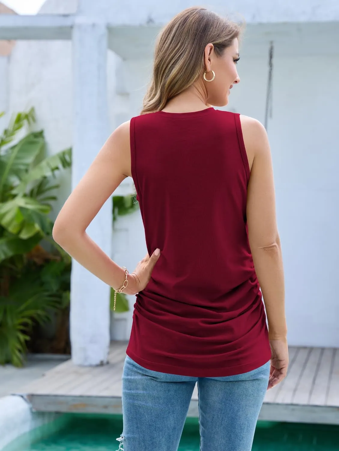 Pima Cotton Ruched Tank Top for Women Crewneck Sleeveless Summer Camisole Dressy Tunic