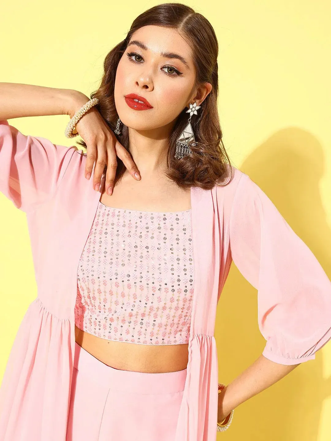 Pink Embellished Georgette 3 Piece Co-Ords