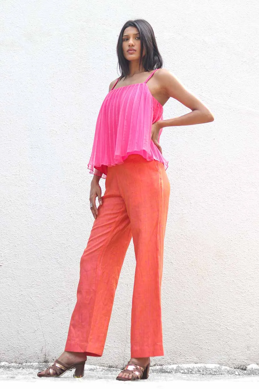 Pink Pleated Top & Saffron Pants Set