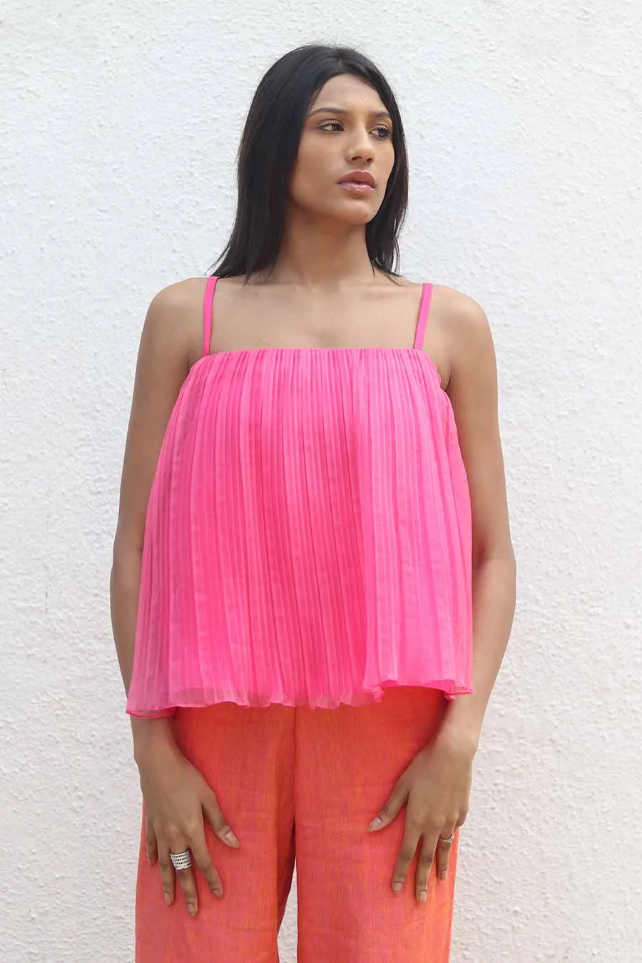 Pink Pleated Top & Saffron Pants Set