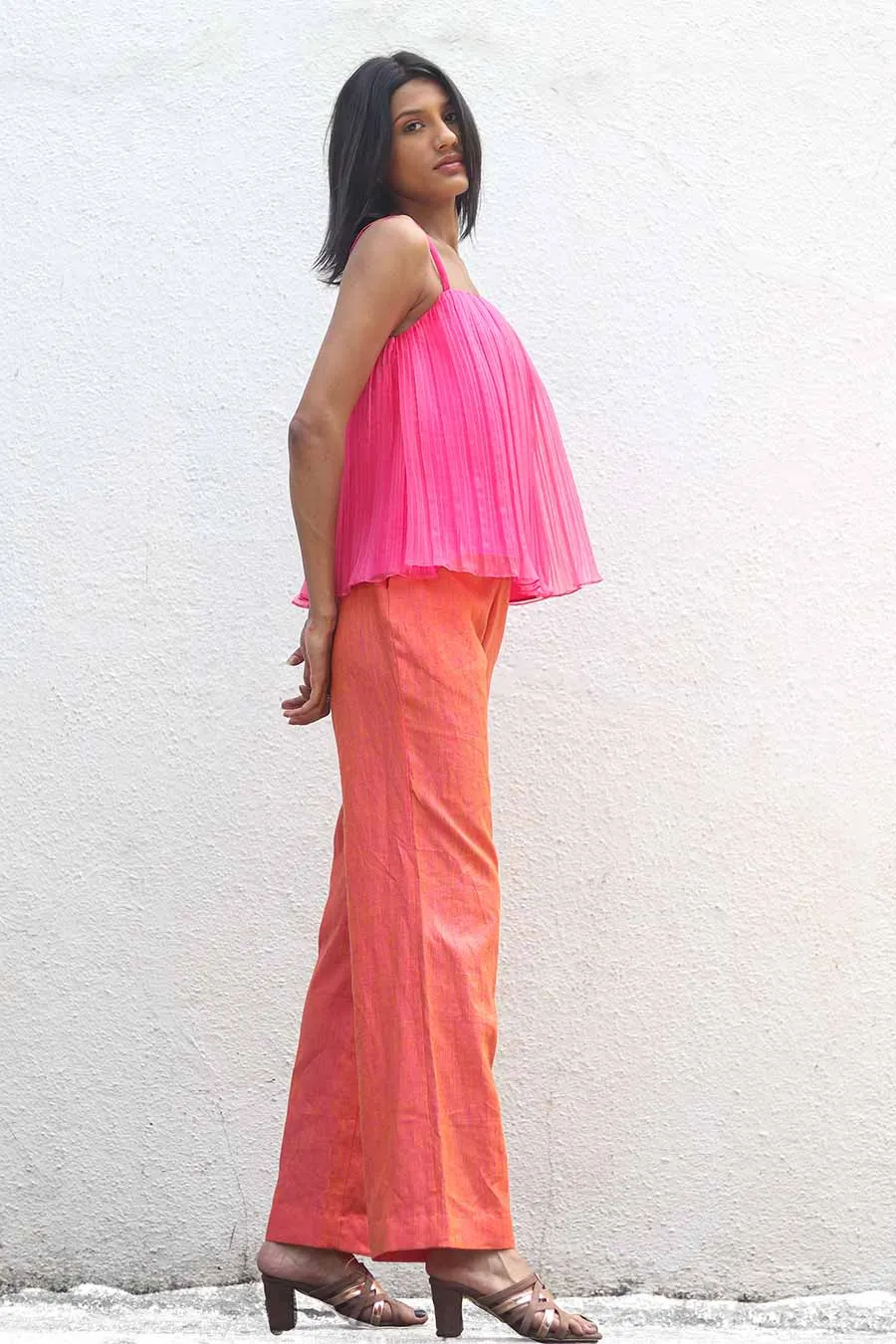 Pink Pleated Top & Saffron Pants Set