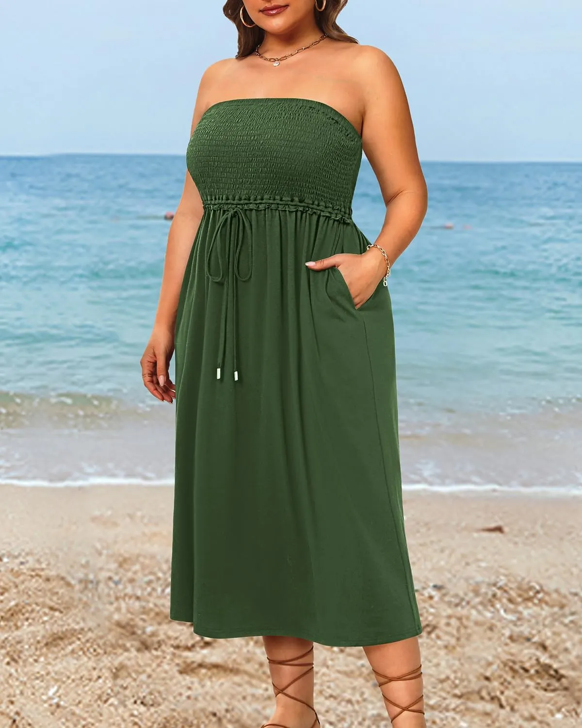 Pinup Fashion Plus Size Swimsuit Cover Ups Women Strapless Midi Sundress with Pockets